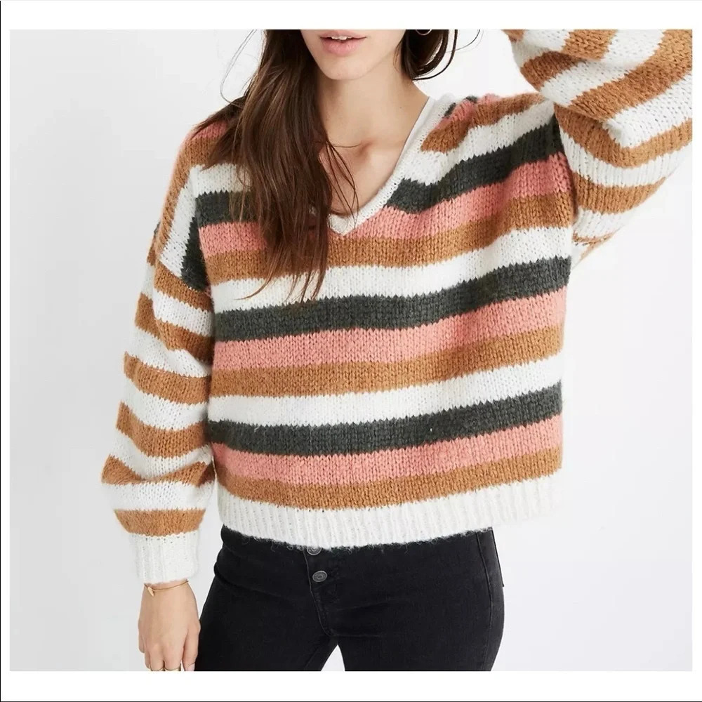 MADEWELL Balloon-Sleeve Pullover Sweater in Stripe Mix Size XS